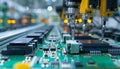 Advanced High Precision Robot Arms on Fully Automated PCB Assembly Line Inside Modern