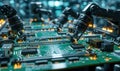 Advanced High Precision Robot Arms on Fully Automated PCB Assembly Line Inside Modern Electronics Factory. Electronic Devices
