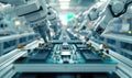 Advanced High Precision Robot Arms on Fully Automated PCB Assembly Line Inside Modern Electronics Factory. Electronic Devices
