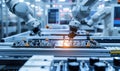 Advanced High Precision Robot Arms on Fully Automated PCB Assembly Line Inside Modern Electronics Factory. Electronic Devices