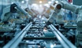Advanced High Precision Robot Arms on Fully Automated PCB Assembly Line Inside Modern Electronics Factory. Electronic Devices