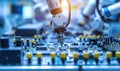 Advanced High Precision Robot Arms on Fully Automated PCB Assembly Line Inside Modern Electronics Factory. Electronic Devices