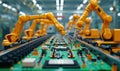 Advanced High Precision Robot Arms on Fully Automated PCB Assembly Line Inside Modern Electronics Factory. Electronic Devices