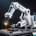 Advanced high-precision robotic arms on a fully automated assembly line at a state-of-the-art electronics factory