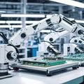 Advanced high-precision robotic arms on a fully automated assembly line at a state-of-the-art electronics factory