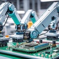 Advanced high-precision robotic arms on a fully automated assembly line at a state-of-the-art electronics factory