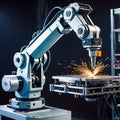 Advanced high-precision robotic arms on a fully automated assembly line at a state-of-the-art electronics factory