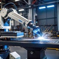 Advanced high-precision robotic arms on a fully automated assembly line at a state-of-the-art electronics factory