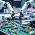 Advanced high-precision robotic arms on a fully automated assembly line at a state-of-the-art electronics factory