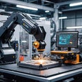 Advanced high-precision robotic arms on a fully automated assembly line at a state-of-the-art electronics factory