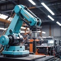 Advanced high-precision robotic arms on a fully automated assembly line at a state-of-the-art electronics factory