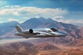 advanced high-speed plane in mid-flight with mountain backdrop