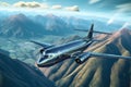 advanced high-speed plane in mid-flight with mountain backdrop