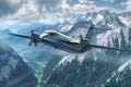 advanced high-speed plane in mid-flight with mountain backdrop