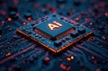 Circuit Board CPU Microchip Starting AI Visualization of Neural Networking. Digital connectors CPU Royalty Free Stock Photo