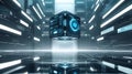 Futuristic data cube with digital interface floating in abstract server room environment Royalty Free Stock Photo