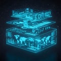 Advanced Holographic Data Visualization: Stacked Digital Screens Displaying Global Analytics, Business Intelligence, and Royalty Free Stock Photo