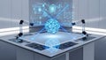 Advanced holographic interface with robotic arms and futuristic data display Royalty Free Stock Photo