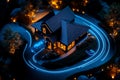 An advanced home security setup featuring laser detection systems around the perimeter, with AI monitoring any disturbances and