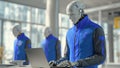 Advanced Humanoid AI Workforce Performing Digital Tasks in Modern Office Royalty Free Stock Photo