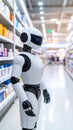 Advanced humanoid robot with artificial intelligence working in a modern supermarket aisle. Royalty Free Stock Photo