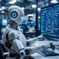 Advanced Humanoid Robot Engineer Working with Complex Software in a High-Tech Industrial Factory