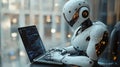 Advanced humanoid robot engrossed in coding on a sleek laptop in modern high-rise setting Royalty Free Stock Photo