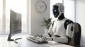 Advanced humanoid robot with glowing blue eyes working on a computer in a modern office setting Royalty Free Stock Photo