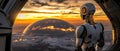 Advanced humanoid robot with humanlike features standing on the bridge of a futuristic space station gazing out at the sunset