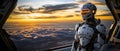 Advanced humanoid robot with humanlike features standing on the bridge of a futuristic space station gazing out at the sunset