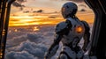 Advanced humanoid robot with humanlike features standing on the bridge of a futuristic space station gazing out at the sunset