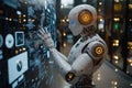 Advanced humanoid robot interacting with digital interface in a modern workspace