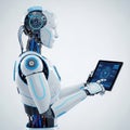 Advanced humanoid robot interacting with a futuristic touchscreen tablet display Royalty Free Stock Photo