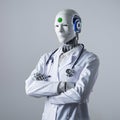 Advanced humanoid robot in lab coat and stethoscope, green sensor head, confident pose