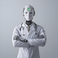 Advanced humanoid robot in lab coat and stethoscope, green sensor head, confident pose