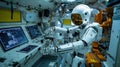 Advanced humanoid robot operates high-tech equipment in space station interior with innovative control panels and futuristic
