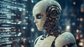 Advanced humanoid robot processing data streams, futuristic AI technology