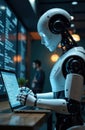Advanced humanoid robot programming on laptop in futuristic office