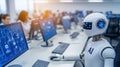Advanced humanoid robot sitting at computer on blurred modern office background