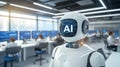 Advanced humanoid robot stands on blurred modern office background, copy space