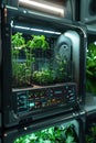 Futuristic Hydroponic Unit with Holographic Screen for Monitoring Plant Growth Data Royalty Free Stock Photo