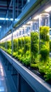 Advanced indoor farming system with green plants and microalgae growing in illuminated laboratory tubes. Royalty Free Stock Photo