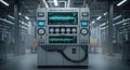Advanced industrial control panel with glowing digital displays and gauges in a factory setting Royalty Free Stock Photo