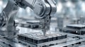 Advanced Industrial Robotic Arm Working on High-Tech Automated Electronics Assembly Line in Clean Modern Factory, Precision Royalty Free Stock Photo
