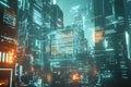 Advanced interface featuring holographic data above a futuristic city environment. Technology concept