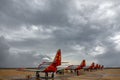 Advanced jet trainer CASA C-101 Aviojet, known as Eagle Patrol, against cloudy sky.