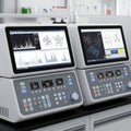 Advanced laboratory equipment with dual touchscreen interfaces and complex data visualizations Royalty Free Stock Photo
