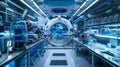 An advanced laboratory filled with high-tech gadgets and modern equipment, reflecting a sterile and precise environment