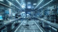 An advanced laboratory filled with high-tech gadgets and modern equipment, reflecting a sterile and precise environment