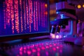Microscope and computer displaying complex biological data in a modern lab with vibrant neon lighting Royalty Free Stock Photo
